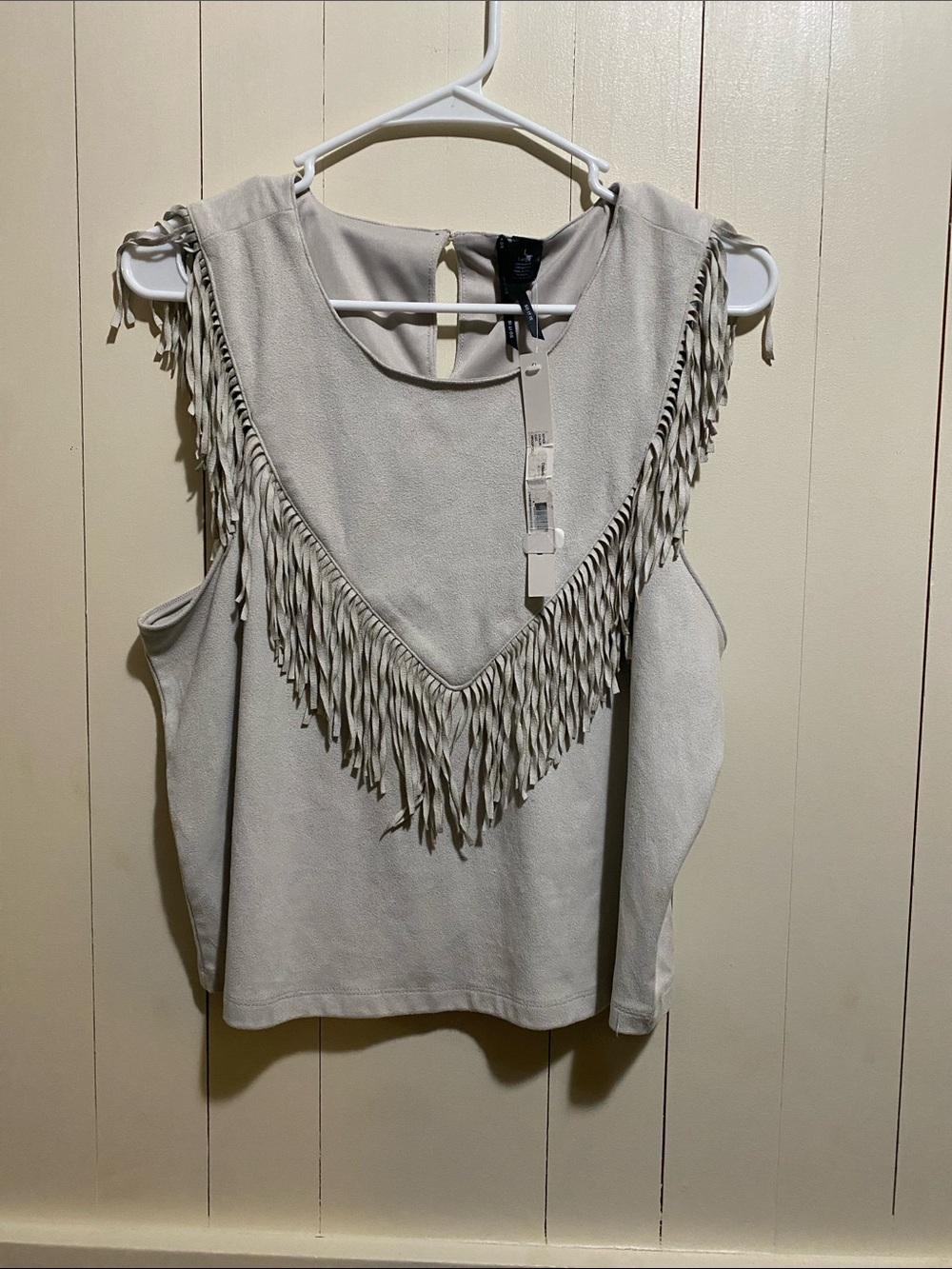 NWT So It Is Faux Suede Fringe Tank Top Light Gray L